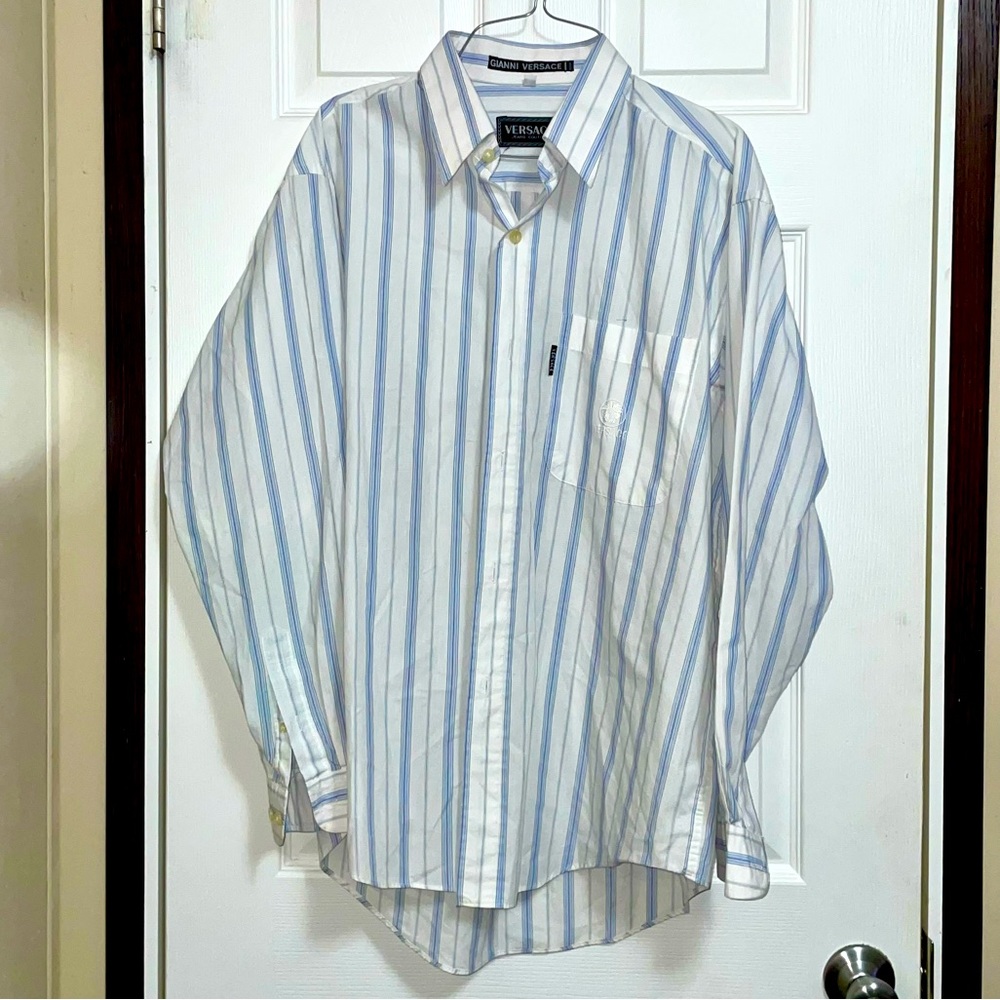 White with blue long sleeve button shirt